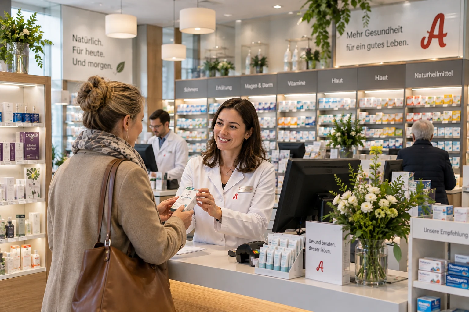 Apothekerin prüft Bewerbungen im laufenden Apothekenbetrieb