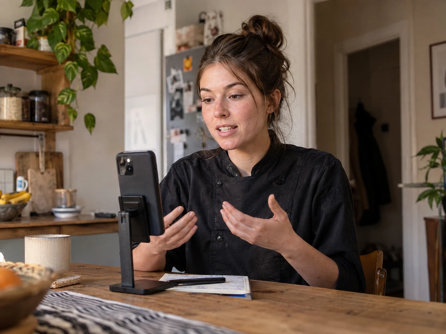 Köchin beantwortet eine mobile Bewerbungsfrage am Smartphone