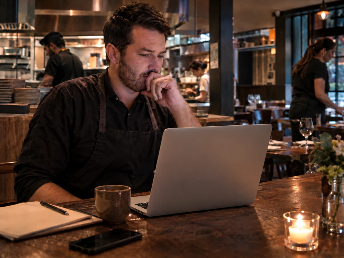 Restaurantleiter prüft Bewerbungen am Laptop während des laufenden Restaurantbetriebs