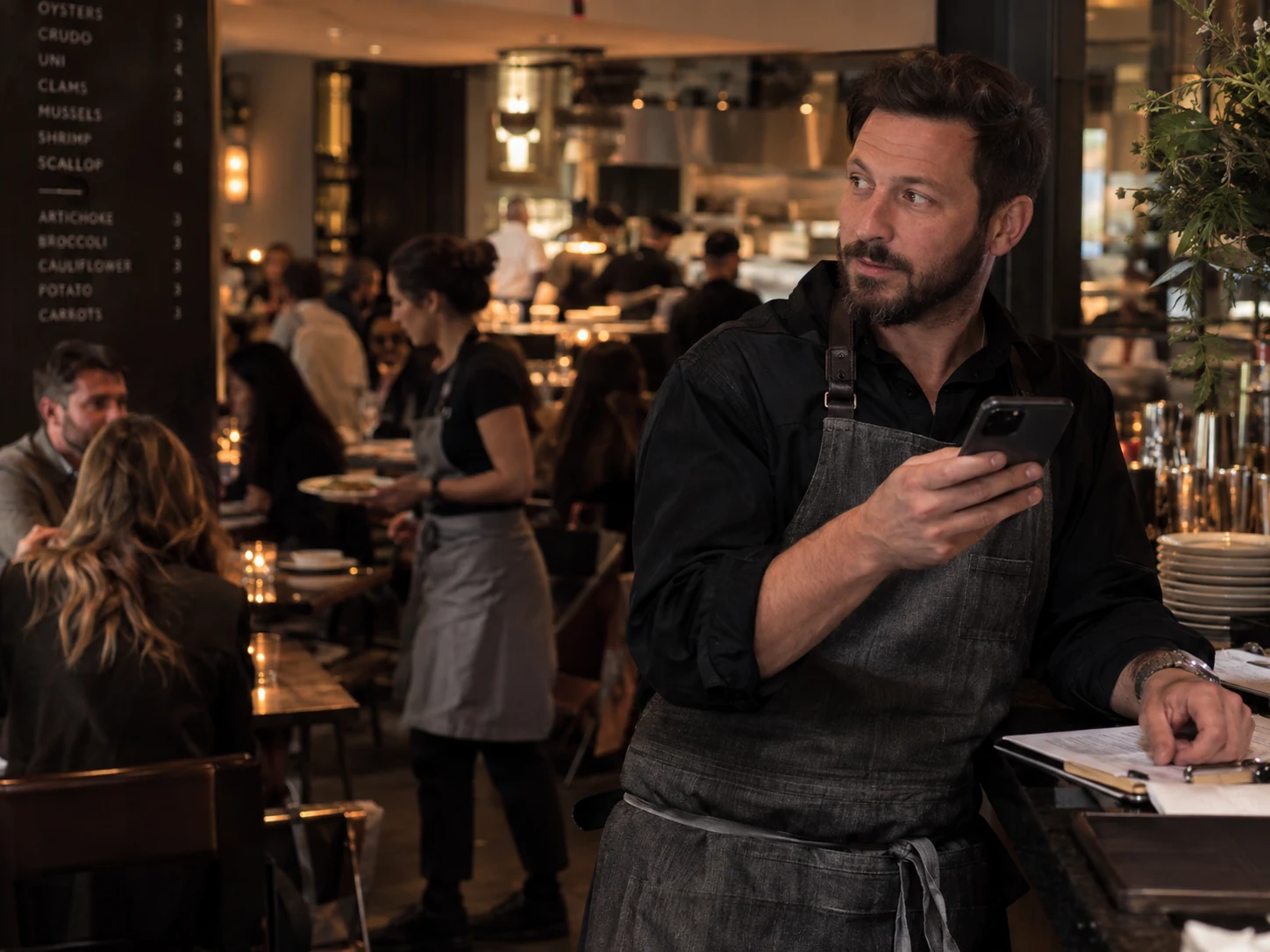 Restaurantleiter koordiniert während des laufenden Betriebs Bewerbungen am Smartphone
