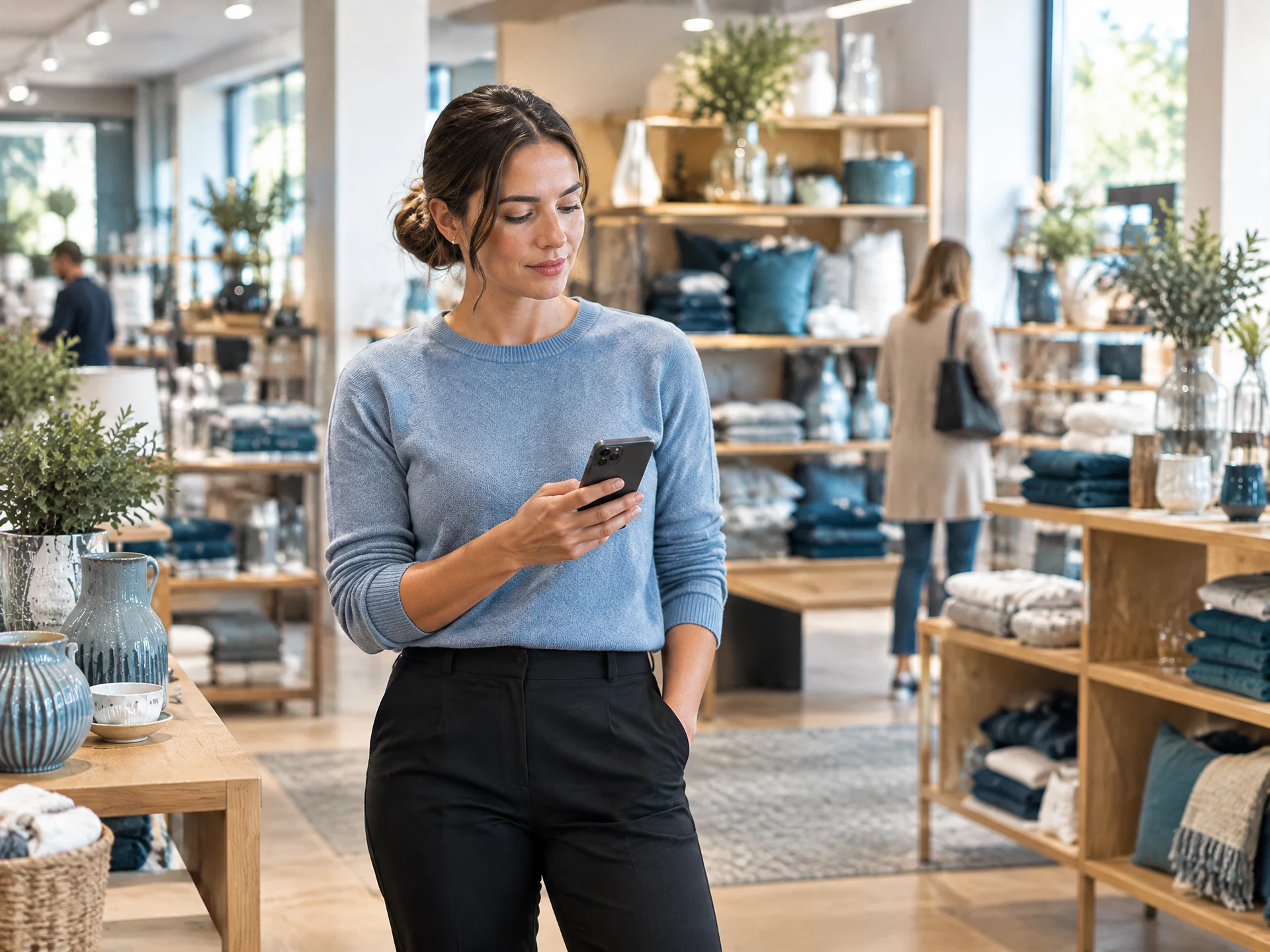 Filialleiterin im Verkaufsraum mit Smartphone