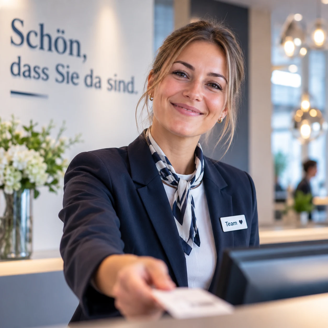 Rezeptionistin beim Empfang eines Gastes